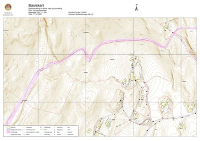 Basiskart (situasjonskart) som viser topografi, vegnett, eiendomsgrenser og infrastruktur for et område i Bergen kommune.