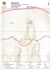 Et basiskart (situasjonskart) fra Bergen kommune som viser topografi, eiendomsgrenser, bygninger og infrastruktur for adressen Bråtlandsvegen 96.
