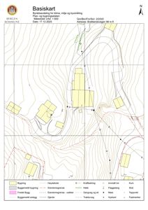 Basiskart (situasjonsplan) som viser tomtens topografi, eiendomsgranser, eksisterende bygninger og infrastruktur.
