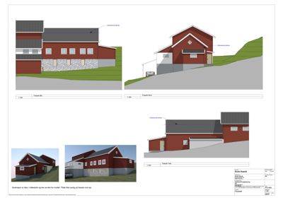 Fasadetegning med tre utsnitt (Øst, Nord, Vest) og to illustrasjonsbilder av huset.
