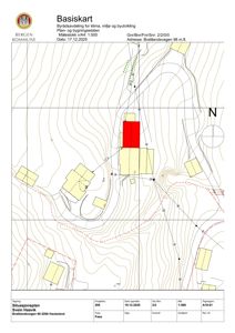 Basiskart og situasjonsplan som viser tomtens beliggenhet, høydemålerlinjer, nabobebyggelse og adresse.