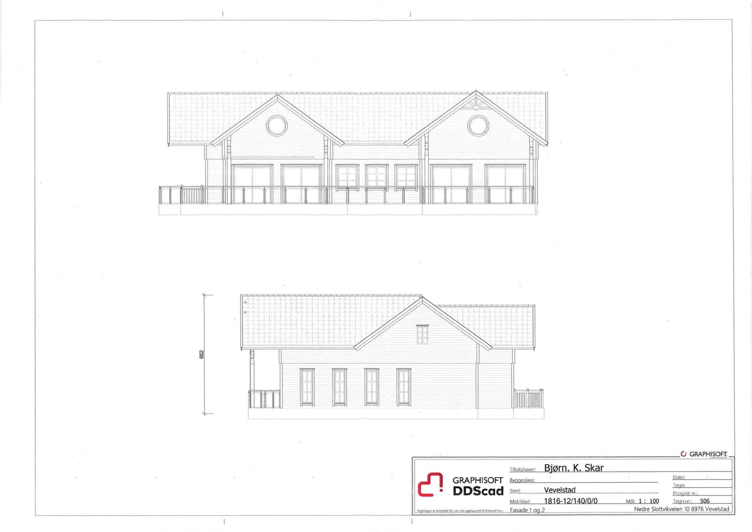 Fasadetegning som viser front- og sideopprikk av en bygning.