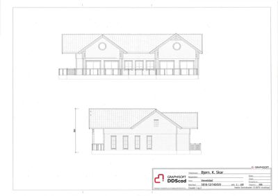 Fasadetegning som viser front- og sideopprikk av en bygning.