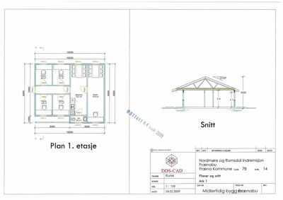 Bildet viser en tegning med etasjeplan (Plan 1. etasje) og et snitt (Snitt) av en bygning, inkludert romfordeling og mål.