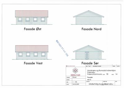 Bildet viser fire fasadetegninger av en bygning, merket med 'Fasade Øst', 'Fasade Nord', 'Fasade Vest' og 'Fasade Sør'.