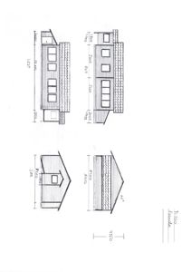 Fasadetegning som viser utsiden av en bygning sett fra flere vinkler med mål.