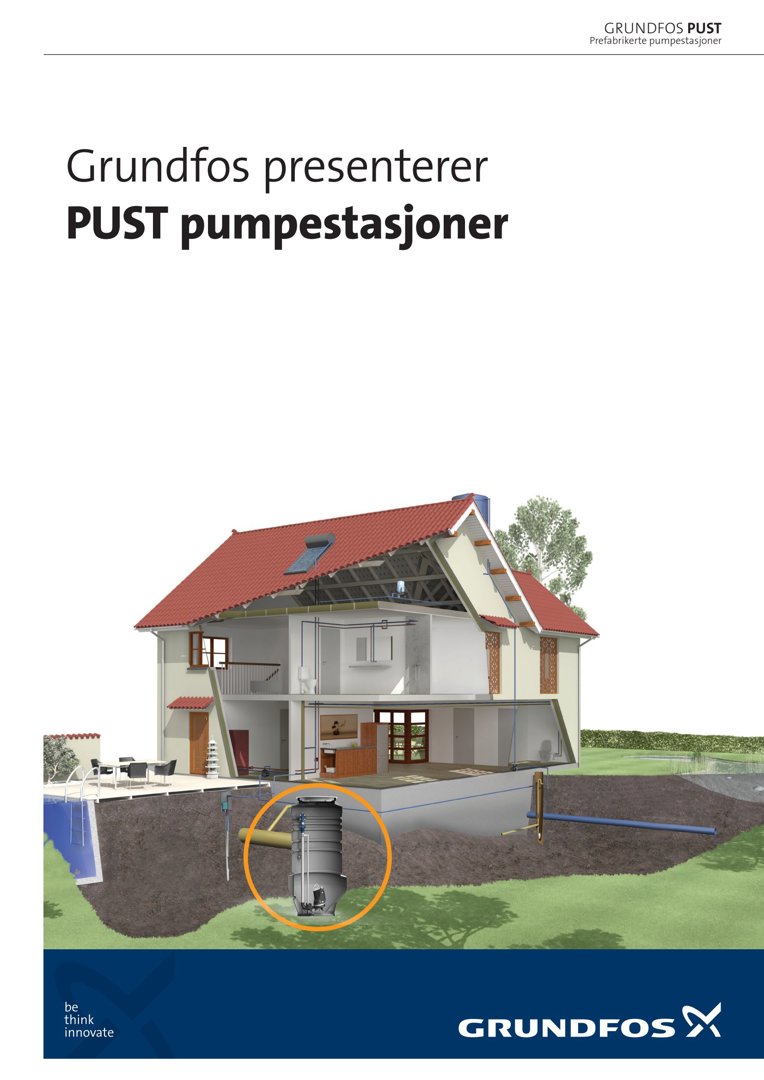 3D-visualisering av en husmodell med et snitt som viser pumpestasjonen under grunnen.