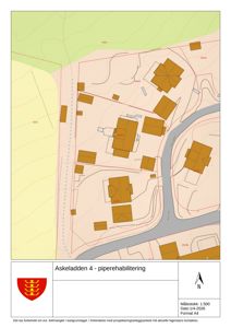 Situasjonsplan som viser tomtens grenser, eksisterende bygninger (brune felter), terrengforhold (konturer) og en planlagt vei eller gangvei.