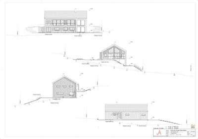 Fasadetegning som viser bygningens utseende fra fire ulike vinkler (front, side, bak og en skråvinkel), inkludert terrengforhold.