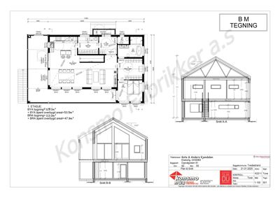Bildet viser en tegning med etasjeplan (1. ETASJE) og to snittegninger (Snitt A-A og Snitt B-B) for en bolig.