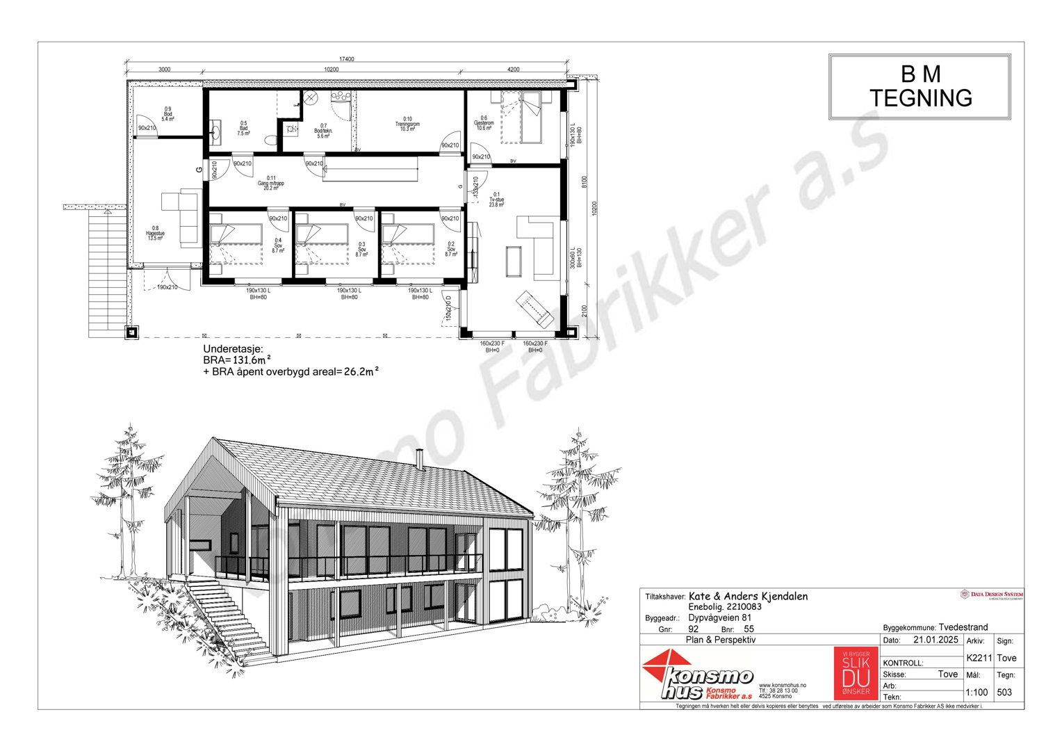 Bildet viser en tegningsside som inneholder både et teknisk plantegning (underetasjen) og en 3D-visualisering (perspektivtegning) av huset. Det er også inkludert en detaljert tegningsliste i bunnen.