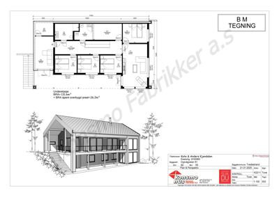 Bildet viser en tegningsside som inneholder både et teknisk plantegning (underetasjen) og en 3D-visualisering (perspektivtegning) av huset. Det er også inkludert en detaljert tegningsliste i bunnen.