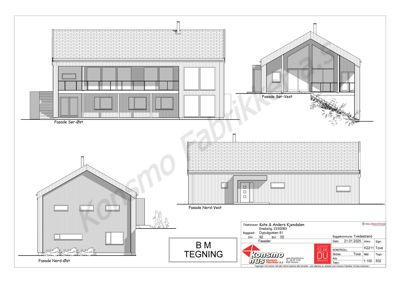 Fasadetegning som viser bygningens utseende fra fire ulike vinkler (Nord-Øst, Nord-Vest, Sør-Øst og Sør-Vest).