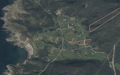 Situasjonsplan basert på flyfoto som viser tomtens plassering i forhold til omgivelsene, inkludert kystlinje og vei.