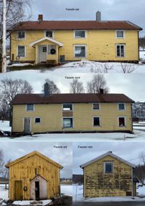 Fotografier av en gul farget bygning (hus) og en vedbygning sett fra fire forskjellige sider (sør, nord, øst og vest).