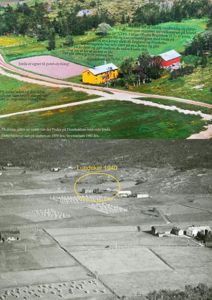 Bildet viser to historiske fotografier av eiendommen Lundekker. Øverste del er et fargerikt bilde fra slutten av 1970-tallet som viser jordbruksmark, en gul bygning og en rød skur. Nedre del er et svart-hvitt flyfoto fra 1940 som viser eiendommen i et større landskapssammenheng.