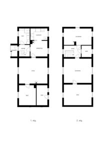 Plantegning som viser romfordeling for 1. etasje (venstre) og 2. etasje (høyre) i en bolig.