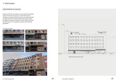 Bildet viser en side fra en byggesak som omhandler fasade. Det inneholder tekst om eksisterende situasjon, tre fotografier av bygningens fasade, og en tegning som viser en fasadeoppriksning (elevation) av bygningen sett fra gaten.