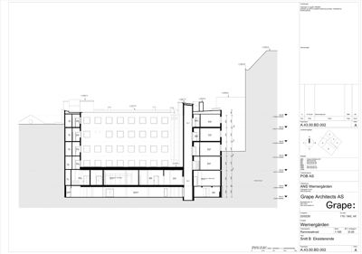 Snittegning (Snitt B) av en eksisterende bygning som viser romfordeling og høydeforhold.