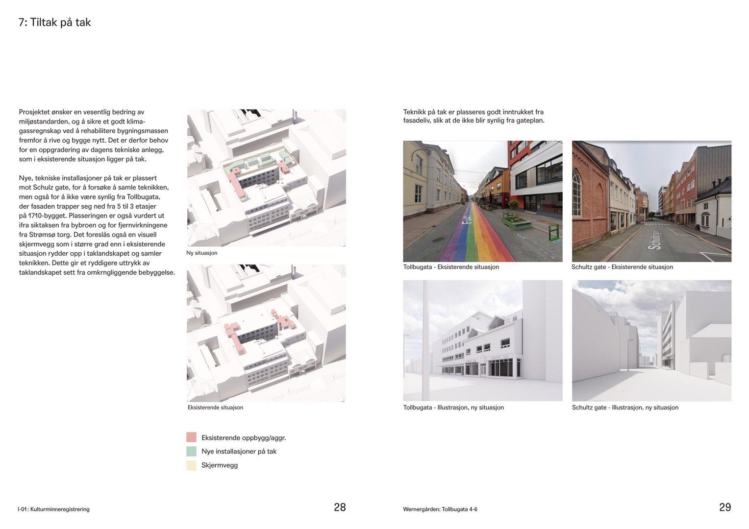 Bildet viser en side fra en byggesak som inneholder flere 3D-visualiseringer (renderinger) av et byggeprosjekt, inkludert eksisterende og nye situasjoner.