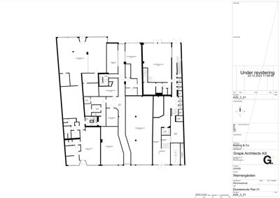 Etasjeplan (eksisterende plan) som viser romfordeling og veggkonstruksjoner i en bygning.