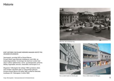 Historiske fotografier av en bygning (Eduard Werners Magasin) og omgivelsene, inkludert tekster om bygningens historie.
