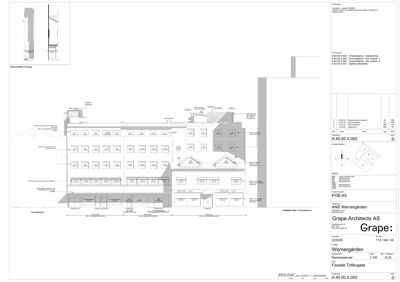 Fasadetegning som viser bygningens utseende og detaljer sett fra fronten.