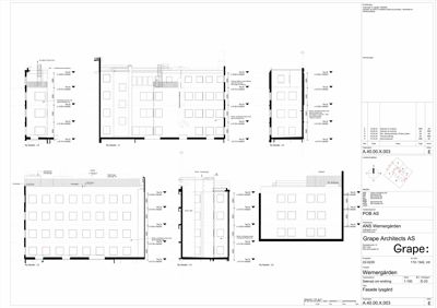Fasadetegning som viser utsiden av bygningen med vinduer og dører.
