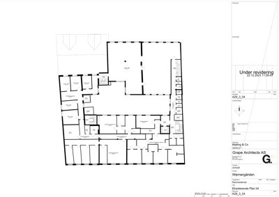 Etasjeplan (eksisterende plan 04) som viser romfordeling, vegger og dører i en bygning.