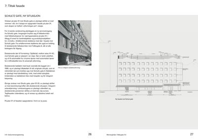 Bildet viser en fasadetegning (oppriks) av en bygning sett fra siden, med tilhørende tekstbeskrivelse av tiltak.