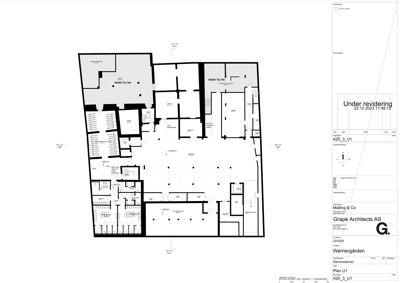 Etasjeplan (U1) som viser romfordeling, vegger og mål på et plan.