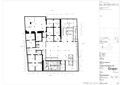 Etasjeplan (Plan U1) som viser romfordeling, veggkonstruksjoner og dimensjoner for en bygning.