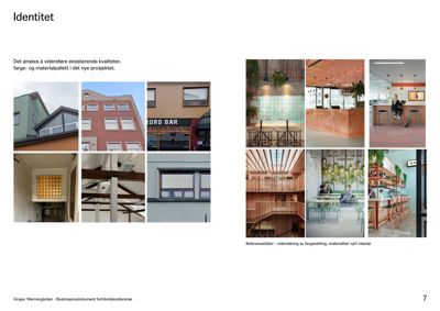 Et collage av referansebilder som viser eksisterende eller planlagte interiør og fasader.