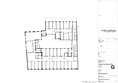 Etasjeplan (eksisterende plan 05) som viser romfordeling og veggstruktur.