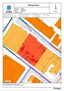 Situasjonskart som viser eiendomsnummer, adresse, naboeiendommer og bygningers plassering i forhold til veier.