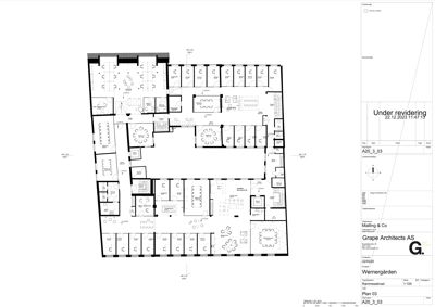 Etasjeplan (plan 03) av et kontorbygg som viser romfordeling, vegger og møbler.