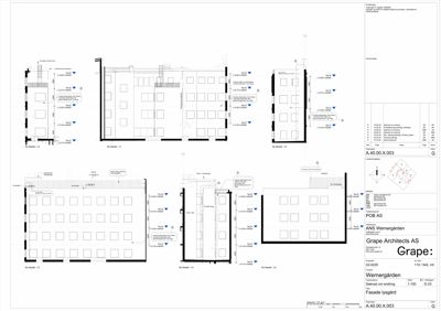 Fasadetegning som viser utsiden av bygningen med vinduer og dører.