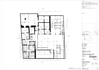 Etasjeplan (Plan U1) som viser romfordeling, veggposisjon og målinger for et bygg.