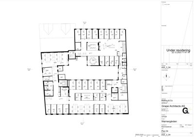 Etasjeplan (etasjeplan) som viser romfordeling og veggkonstruksjoner for et bygg.