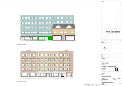 Bildet viser to fasadetegninger av en eksisterende bygning, en med farge og en uten, som illustrerer bygningens utseende.