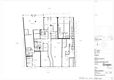 Etasjeplan (eksisterende plan) som viser romfordeling, vegger og dimensjoner for en bygning.
