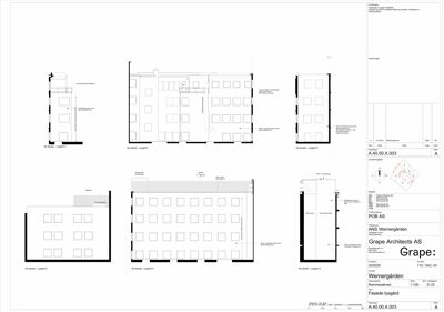 Etasjeplaner (Lysgård 1-5) som viser romfordeling og veggkonstruksjoner.