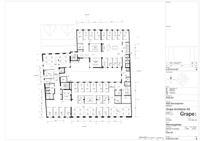 Etasjeplan (Plan 04) som viser romfordeling, veggposisjon og målinger for et bygg.