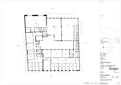 Etasjeplan (eksisterende plan) som viser romfordeling, veggposisjon og målinger for en bygning.