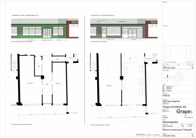 Bildet viser etasjeplaner (etasjeplaner) med romfordeling og veggkonstruksjoner for Tollbugata-prosjektet.