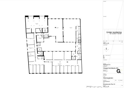 Etasjeplan (eksisterende plan 03) som viser romfordeling, vegger og dører i et bygg.