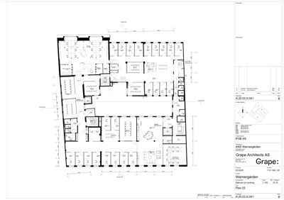 Etasjeplan (Plan 03) som viser romfordeling, veggposisjon og innredning for et fleretasjes bygg.