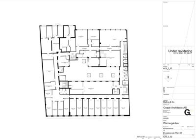 Etasjeplan (eksisterende plan) som viser romfordeling og veggkonstruksjoner i et bygg.