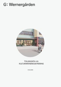 Et fotografi av en bygningfasade med en butikk (REKOR) og personer foran, presentert i en sirkulær ramme.