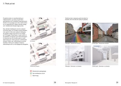 Bildet viser en side fra en byggesak som inneholder flere 3D-visualiseringer (renderinger) av et byggeprosjekt, inkludert eksisterende og nye situasjoner.